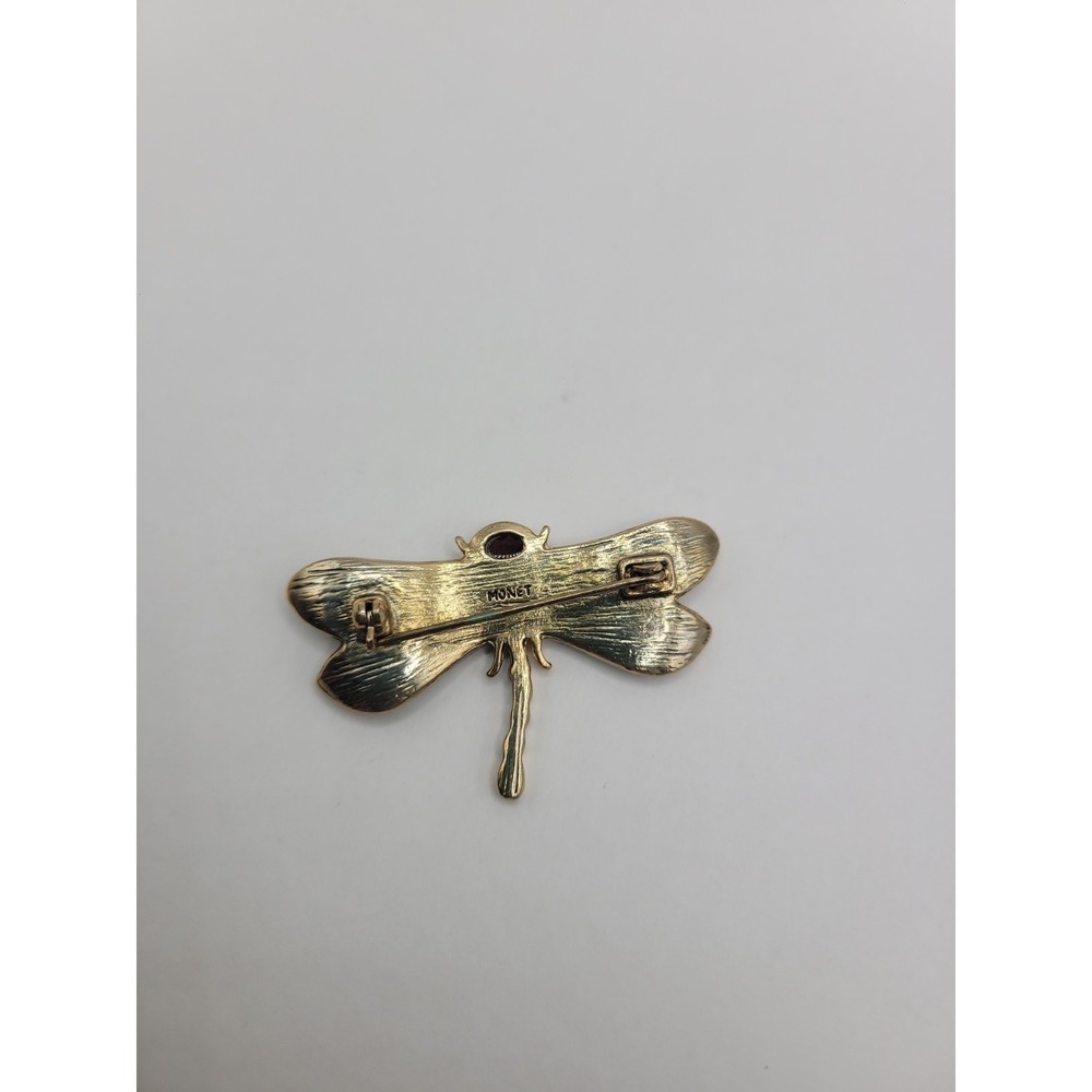 Vintage Monet Dragonfly Brooch Gold Tone Amber Rhinestone Insect Figural Pin Sig - Picture 9 of 12